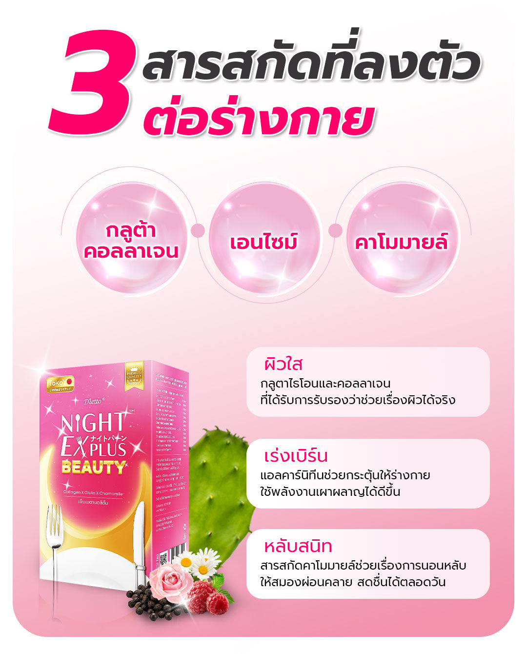 Dietto Night EX Plus Beauty | ไนท์ อีเอ็กซ์ พลัส บิวตี้ ผลิตภัณฑ์เสริมอาหาร 8 เม็ด - 3 แผง รวม 24 แคปซูล