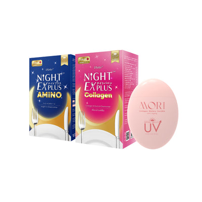 [เซตปกป้องผิวหุ่นสวย] MORI Collagen Watery Sun Milk SPF 50+ PA++++ กันแดด คอลลาเจน 1 ชิ้น +  Tokoyo Night Ex Plus [Amino] 30 แคปซูล + Tokoyo Night  Ex Plus  [Collagen] 30 แคปซูล