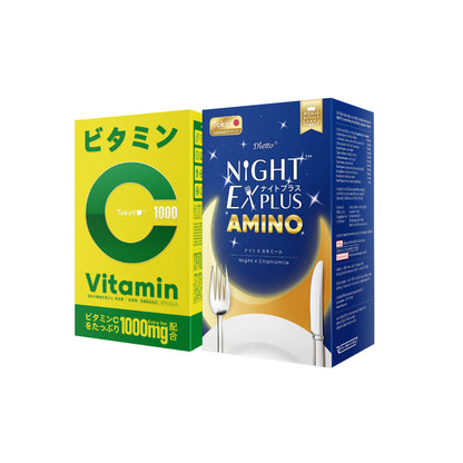 [เซตรักตัวเอง] Vitamin C 1000mg | วิตามินซี 1000 มก. ตรา โทโกโยะ 20 เม็ด - 1 กล่อง + Dietto Night Ex Plus Amino | ไนท์ อีเอ็กซ์ พลัส อะมิโน ผลิตภัณฑ์เสริมอาหาร 30 เม็ด - 1 กล่อง