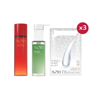[เซตผิวสุดเป๊ะ] MORI 7mins brightening mask | โมริ มาสก์ 7 นาที 1 กล่อง + MORI Deep Breath Cleansing Gel | โมริ ดีพ เบรธ คลีนซิ่งเจล 1 ขวด 100ml + MORI Astaxanthin Lift Moist Lotion | โมริ แอสตาแซนธิน ลิฟท์ มอยส์ โลชั่น 120 ml 1 ขวด